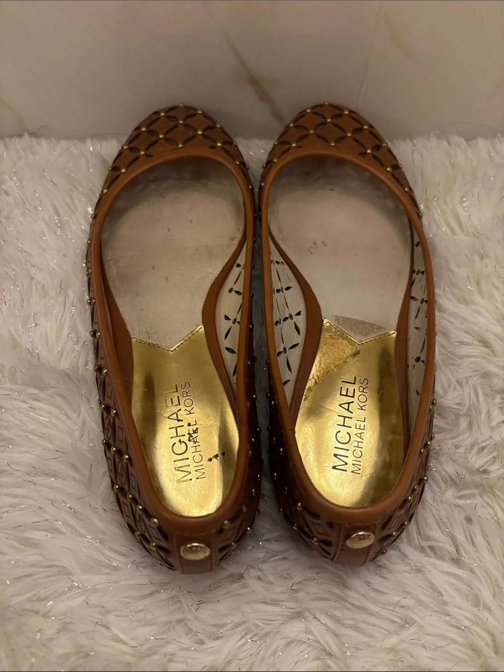 Michael Kors Tan Leather Studded Ballet Flats